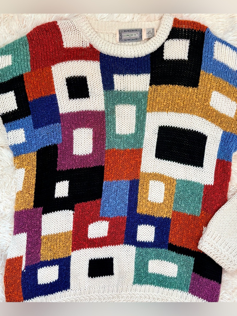 90s Men’s CONCRETE Knit Sweater Geometric Patchwork Color Block Grandpa~Small